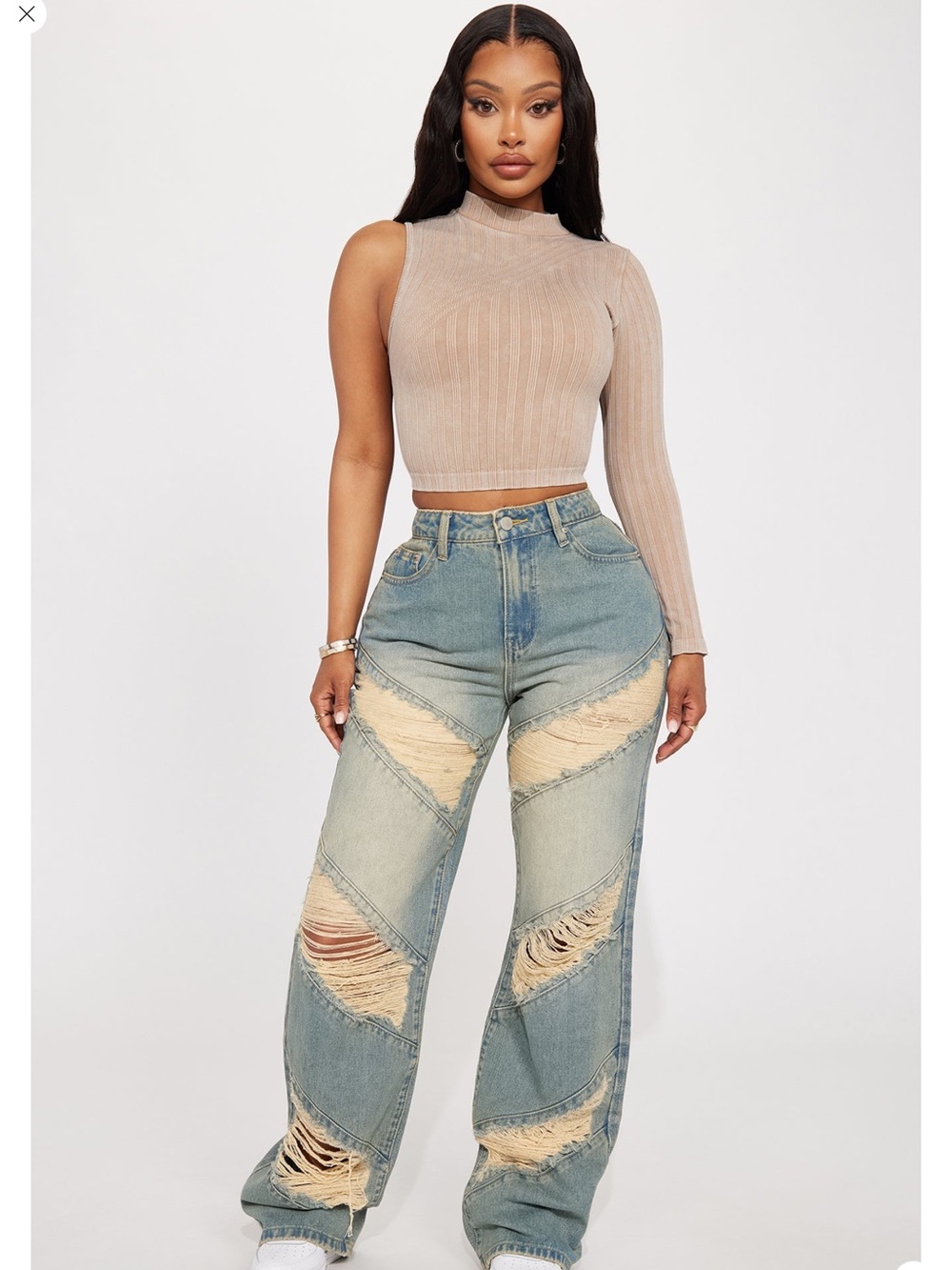Fashion Nova Light Blue High-Rise Distressed Wide Leg Jeans